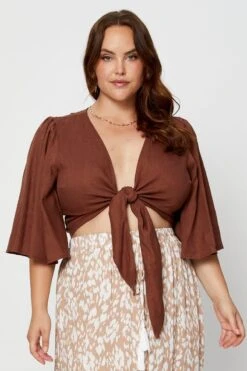 Green Crop Borelo Short Sleeve Tie Up -You And All Fashion Store coj1035a 34ab brown 1 1