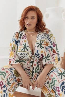 Multi Abstract Tie Front Bolero Top Linen Blend