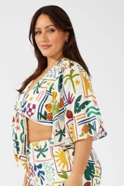 Multi Abstract Tie Front Bolero Top Linen Blend -You And All Fashion Store coj1035c 34a abstract 4