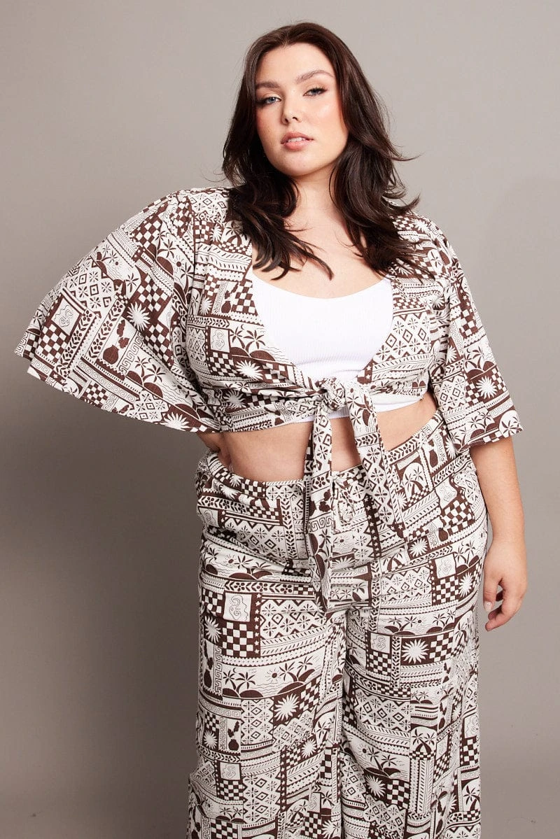 Brown Abstract Tie Flare Sleeve Linen Blend Bolero Jacket 1 Brown Abstract Tie Flare Sleeve Linen Blend Bolero Jacket