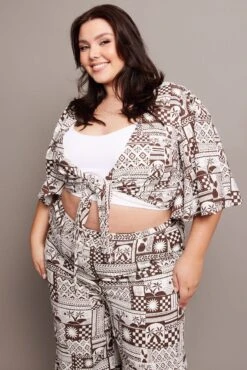 Brown Abstract Tie Flare Sleeve Linen Blend Bolero Jacket 8 Brown Abstract Tie Flare Sleeve Linen Blend Bolero Jacket -You And All Fashion Store coj1035c 47a abstract 3