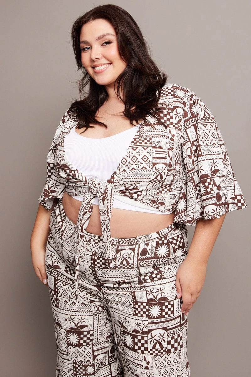 Brown Abstract Tie Flare Sleeve Linen Blend Bolero Jacket 3 Brown Abstract Tie Flare Sleeve Linen Blend Bolero Jacket - Image 3