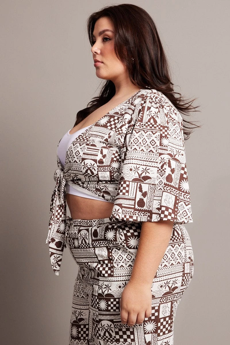 Brown Abstract Tie Flare Sleeve Linen Blend Bolero Jacket 4 Brown Abstract Tie Flare Sleeve Linen Blend Bolero Jacket - Image 4