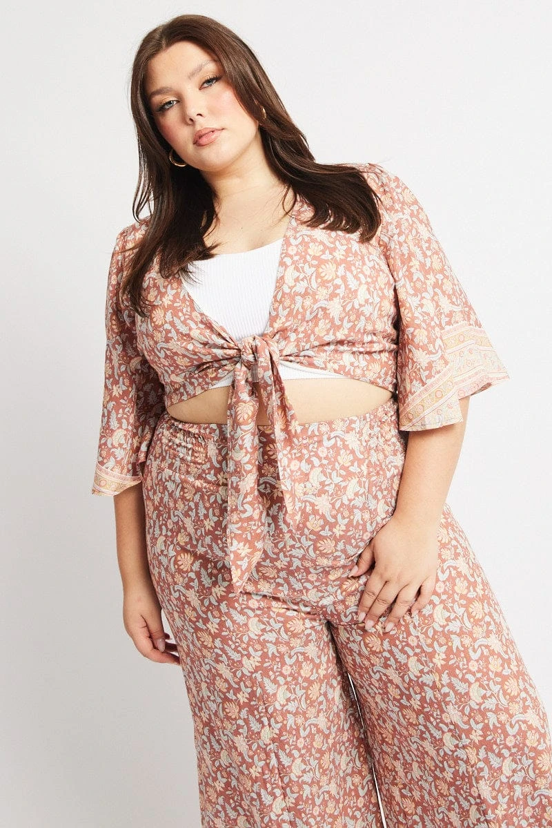 Multi Boho Tie Front Border Print Bolero Top 2 Multi Boho Tie Front Border Print Bolero Top - Image 2