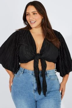 Black Plisse Satin Flare Sleeve Tie Bolero Top -You And All Fashion Store coj1035p 36a black 3