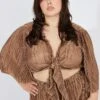 Brown Plisse Satin Flare Sleeve Tie Bolero Top