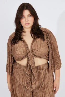 Brown Plisse Satin Flare Sleeve Tie Bolero Top -You And All Fashion Store coj1035pax 36ab brown 3