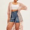 Pink Mesh Kimono Short Sleeve Embroidered