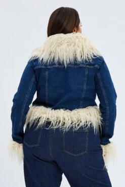 Denim Jacket Shaggy Fur Trim Stretch -You And All Fashion Store coj1458 84ab dark wash 5