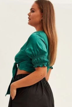 Green Tie Jacket Short Sleeve Bolero Satin -You And All Fashion Store coj1600 34ab green 4