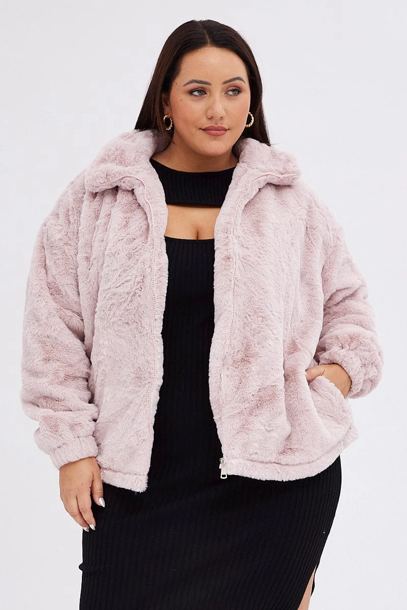 Pink Zip Jacket Lined Plush Faux Fur 3 Pink Zip Jacket Lined Plush Faux Fur - Image 3