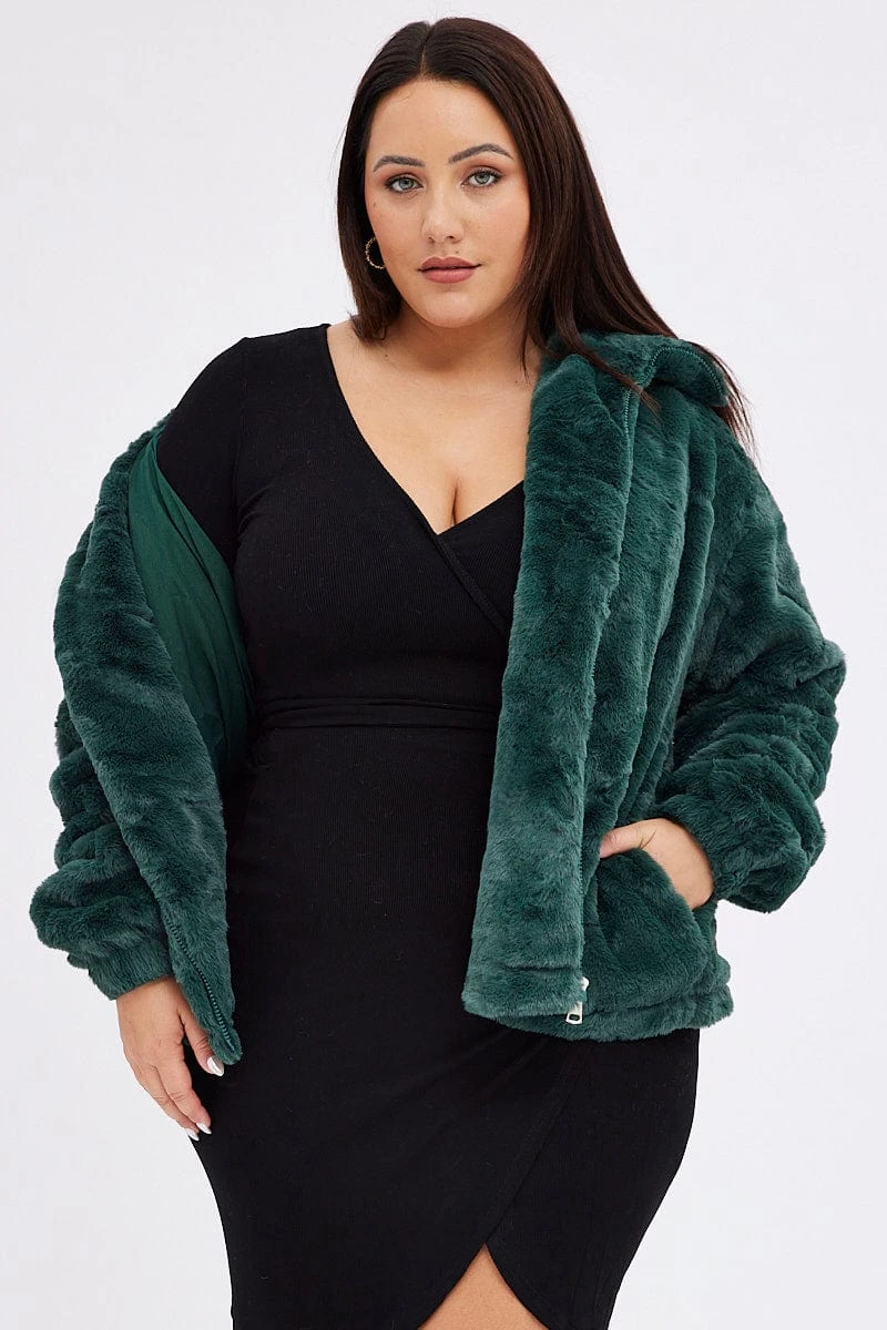 Green Zip Jacket Lined Plush Faux Fur 1 Green Zip Jacket Lined Plush Faux Fur
