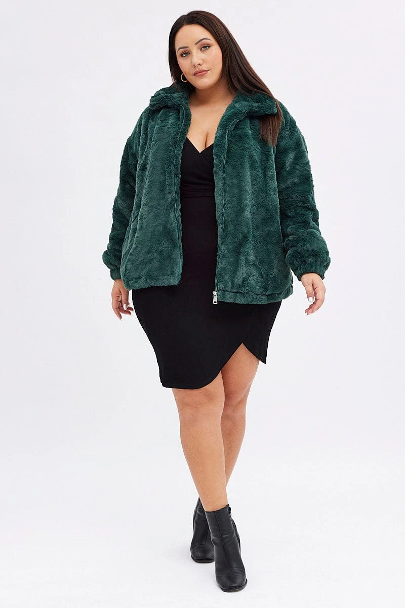 Green Zip Jacket Lined Plush Faux Fur 2 Green Zip Jacket Lined Plush Faux Fur - Image 2