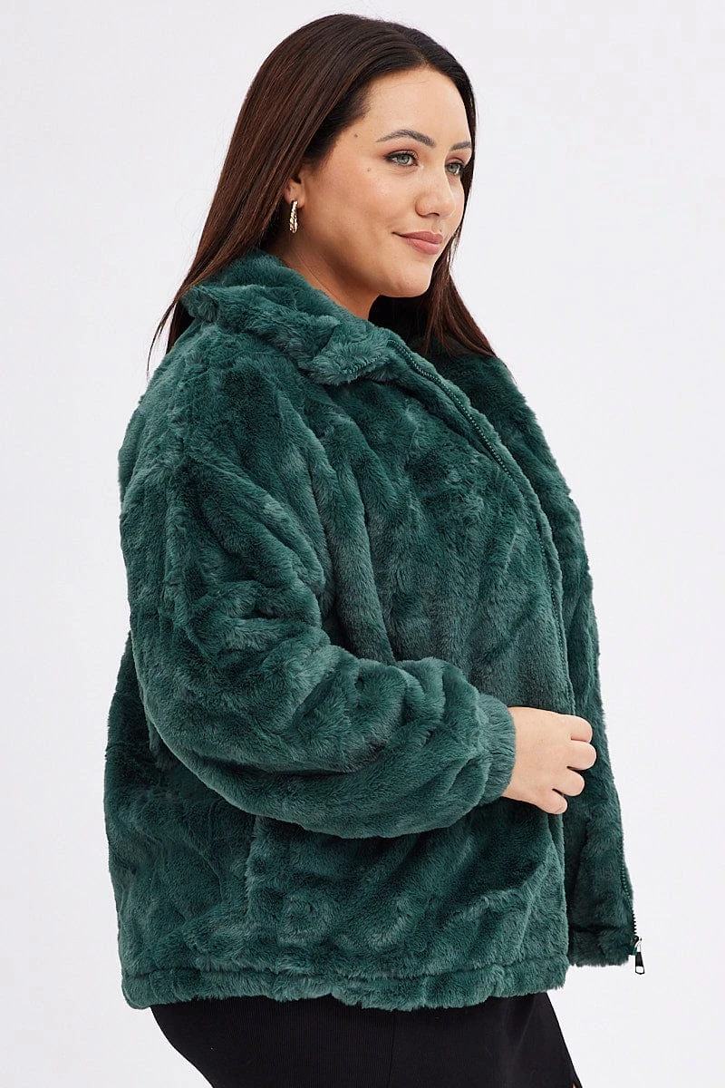 Green Zip Jacket Lined Plush Faux Fur 4 Green Zip Jacket Lined Plush Faux Fur - Image 4
