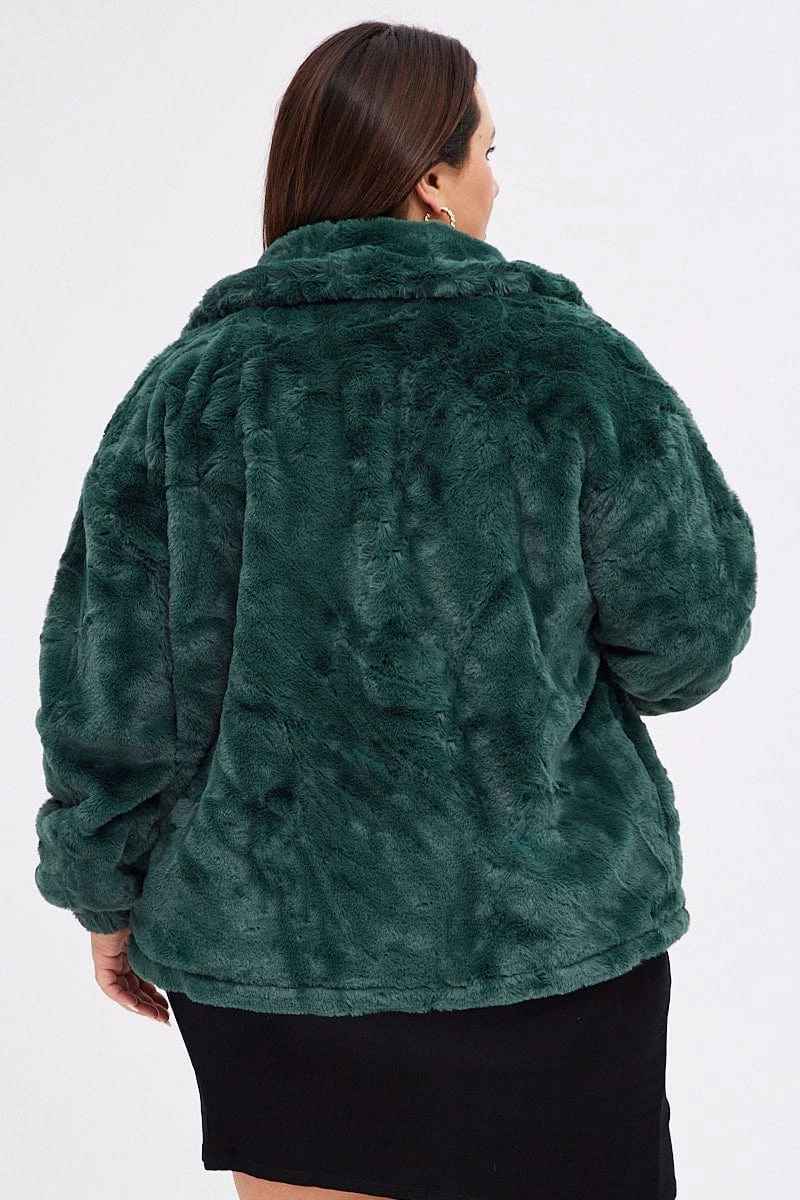 Green Zip Jacket Lined Plush Faux Fur 5 Green Zip Jacket Lined Plush Faux Fur - Image 5