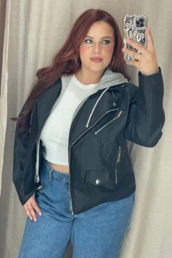 Black Faux Leather Jacket With Detachable Hood