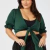 Green Satin Bolero Top Tie Front Puff Sleeve