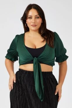 Green Satin Bolero Top Tie Front Puff Sleeve -You And All Fashion Store coj19036a 81a green 3