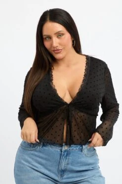 Black Spot Mesh Tie Lace Trim Cardigan