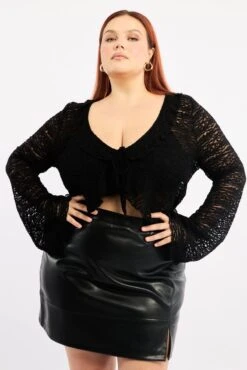 Black Textured Lace Knit Tie Front Bolero Cardigan