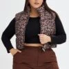 Brown Animal Print Puffer Vest Crop Sleeveless Leopard
