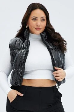 Black Puffer Vest Sleeveless Shiny Crop -You And All Fashion Store coj31703s 33ab black 3