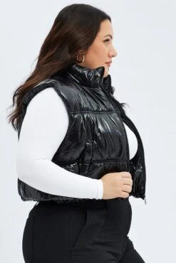 Black Puffer Vest Sleeveless Shiny Crop -You And All Fashion Store coj31703s 33ab black 4