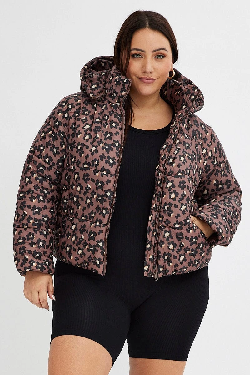 Brown Animal Print Puffer Jacket Long Sleeve Leopard 1 Brown Animal Print Puffer Jacket Long Sleeve Leopard