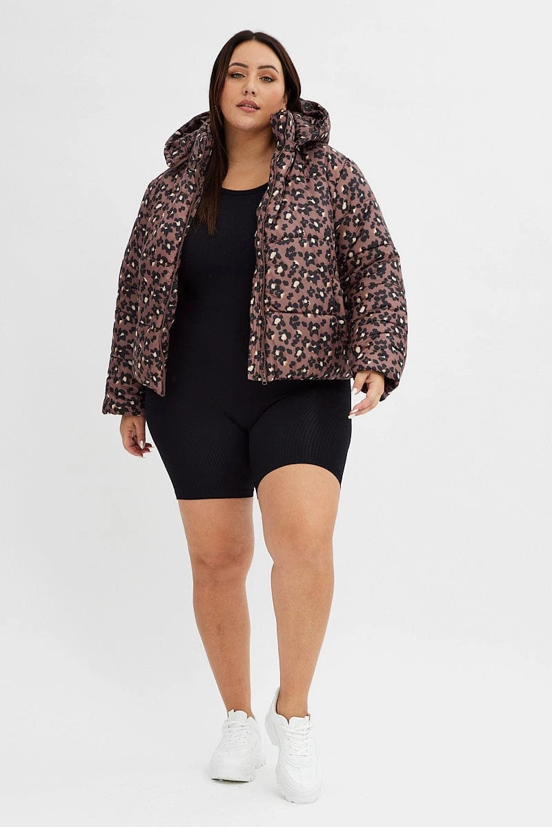 Brown Animal Print Puffer Jacket Long Sleeve Leopard 2 Brown Animal Print Puffer Jacket Long Sleeve Leopard - Image 2