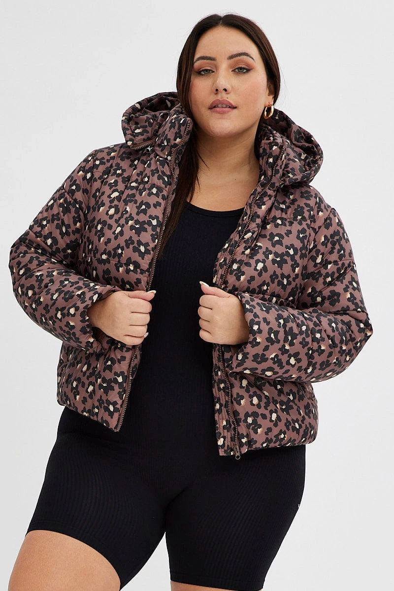 Brown Animal Print Puffer Jacket Long Sleeve Leopard 3 Brown Animal Print Puffer Jacket Long Sleeve Leopard - Image 3