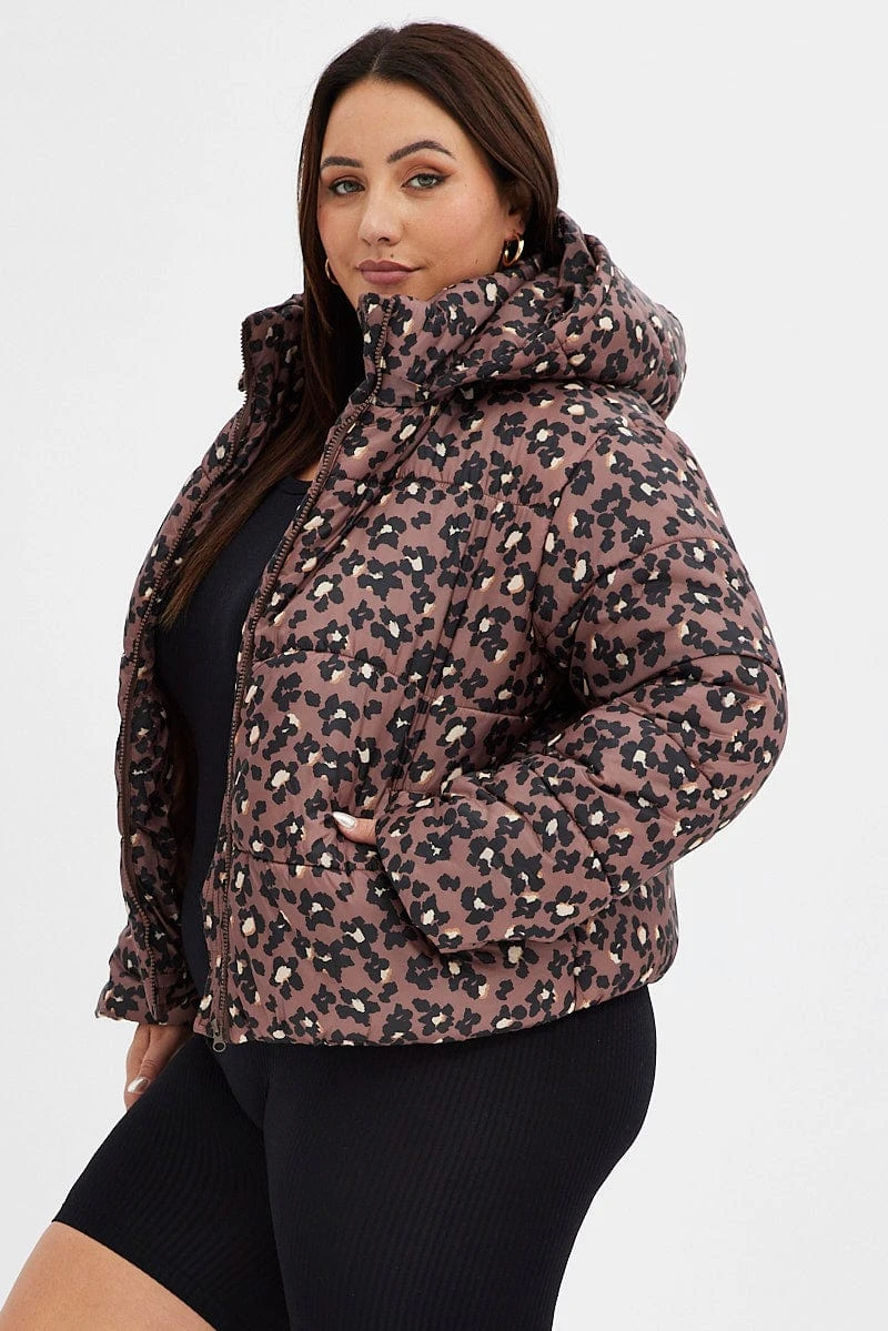 Brown Animal Print Puffer Jacket Long Sleeve Leopard 4 Brown Animal Print Puffer Jacket Long Sleeve Leopard - Image 4