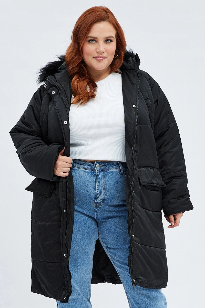 Black Puffer Coat Fur Hood Long Sleeve 1 Black Puffer Coat Fur Hood Long Sleeve