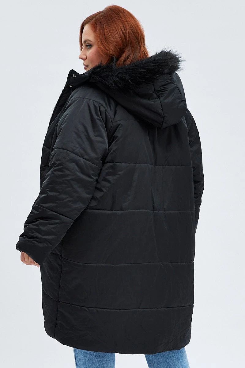 Black Puffer Coat Fur Hood Long Sleeve 5 Black Puffer Coat Fur Hood Long Sleeve - Image 5