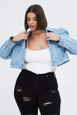 Denim Jacket Puff Sleeve Cropped Fitted -You And All Fashion Store coj32037 33ab light wash 3