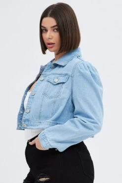 Denim Jacket Puff Sleeve Cropped Fitted -You And All Fashion Store coj32037 33ab light wash 4