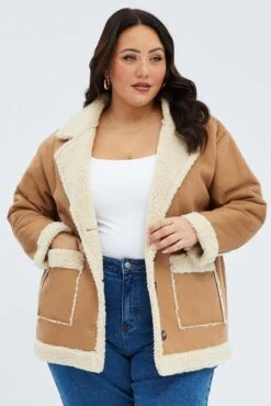 Camel Shearling Coat Faux Suede -You And All Fashion Store coj32184 66ab tan 3
