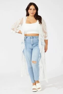 White Longline Embroidered Mesh Kimono -You And All Fashion Store coj32267 47a cream 3