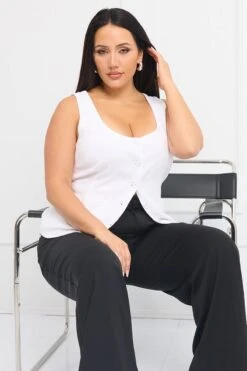 White Scoop Neck Linen Blend Tie Back Vest