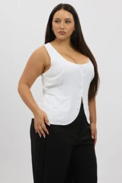 White Scoop Neck Linen Blend Tie Back Vest -You And All Fashion Store coj32496a 35ab white 5