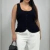 Black Scoop Neck Linen Blend Tie Back Vest