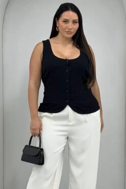 Black Scoop Neck Linen Blend Tie Back Vest