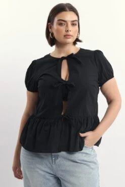 Black Bow Tie Puff Sleeve Jacket