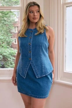 Denim Fitted Button Through Sleeveless Vest