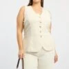 Beige Longline Linen Blend Tie Back Vest