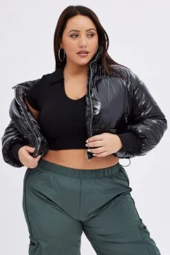 Black Puffer Jacket Shiny Wet Look Lined Cropped