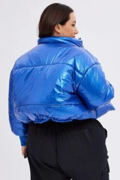 Blue Puffer Jacket Shiny Wet Look Lined Cropped -You And All Fashion Store coj9032s 33ab cobalt 5