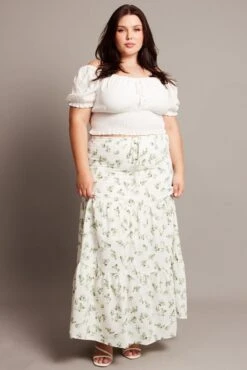 Green Ditsy Elastic Waist Maxi Skirt