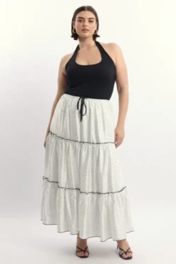 White Polka Dot Tier Contrast Tie Maxi Skirt