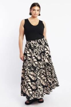 Black Floral Linen Blend Tiered Maxiskirt