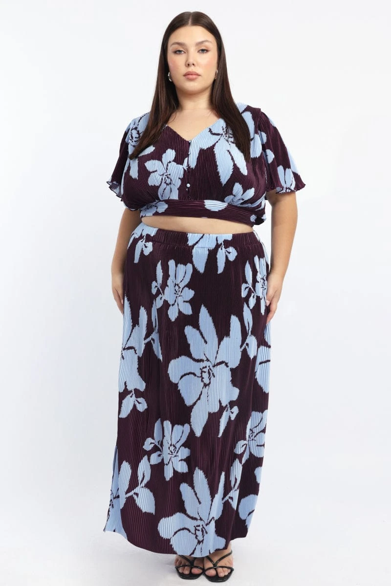 Purple Abstract Plisse Pleated Floral Print Maxi Skirt 1 Purple Abstract Plisse Pleated Floral Print Maxi Skirt